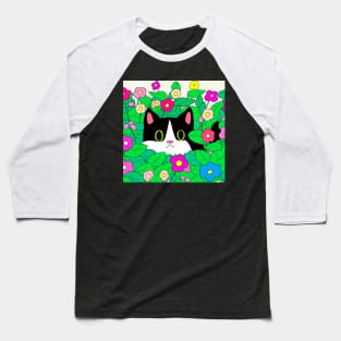 Cute Cartoon Tuxedo Cat Hiding in Flower Bed Baseball T-Shirt